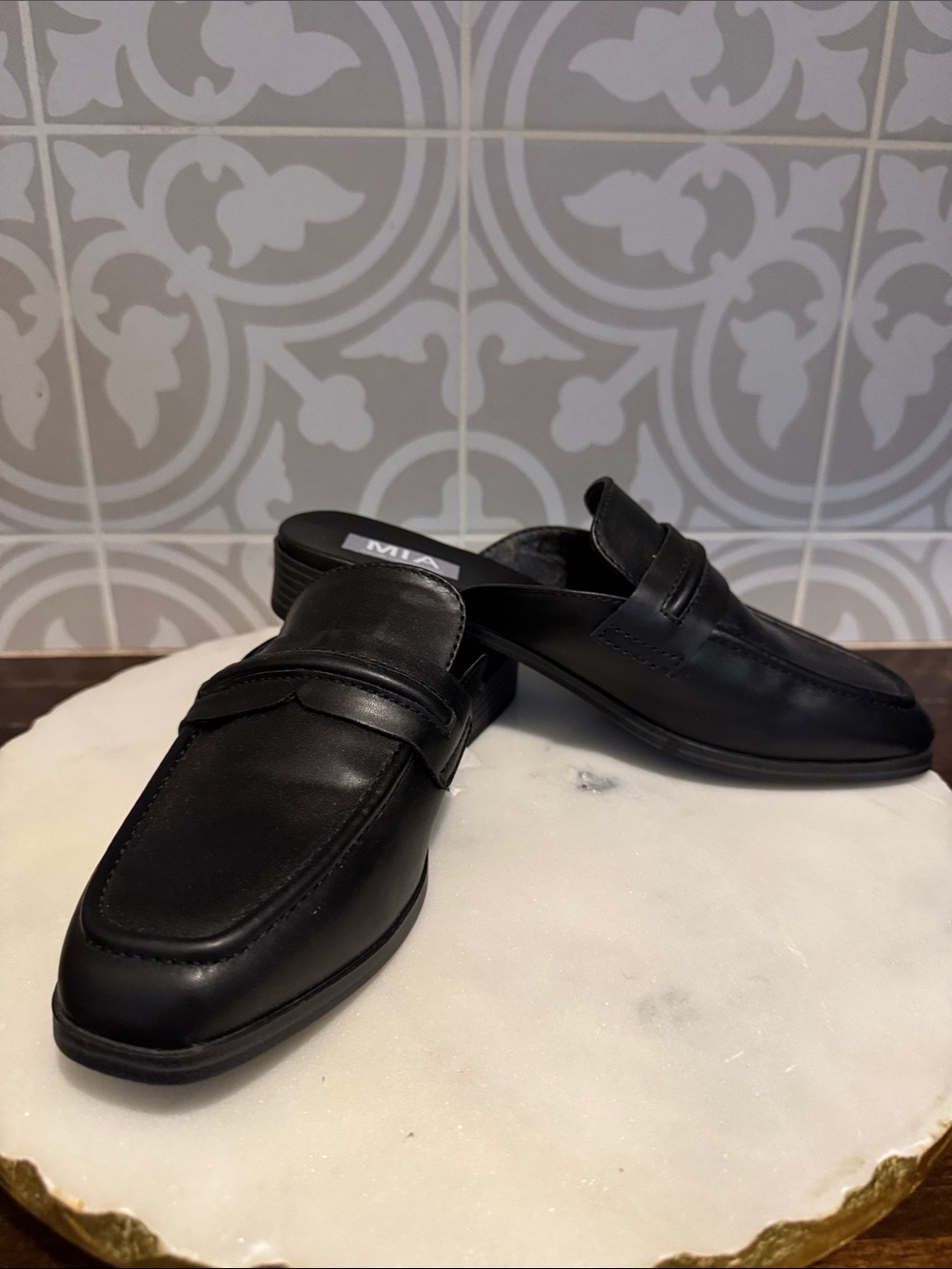 MIA Black Leather Penny Strap Slip-On Loafer Mules